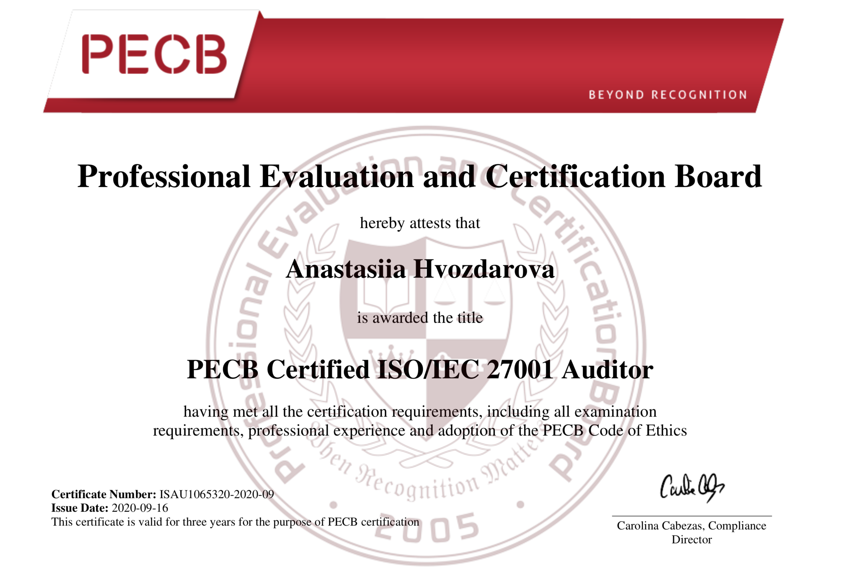 ISO27001 auditor certificate UnderDefense