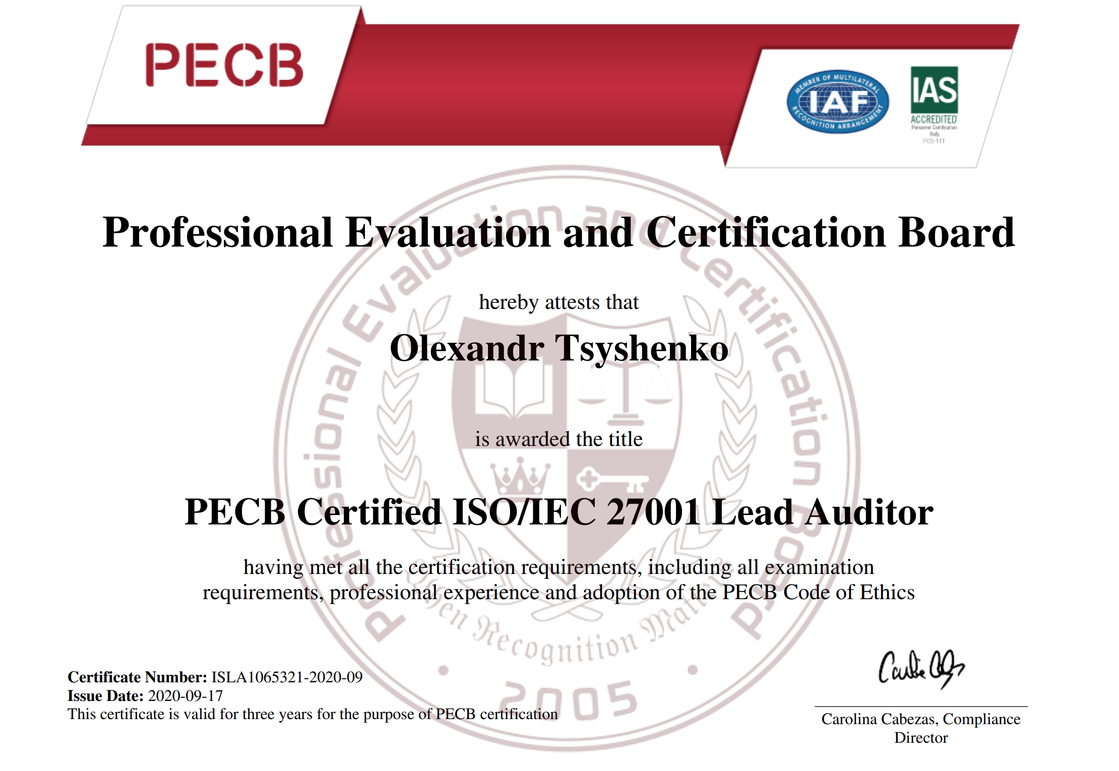 UnderDefense ISO27001 auditor certificate