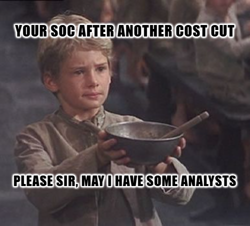 Humorous cybersecurity budget meme referencing 2026 budget drivers