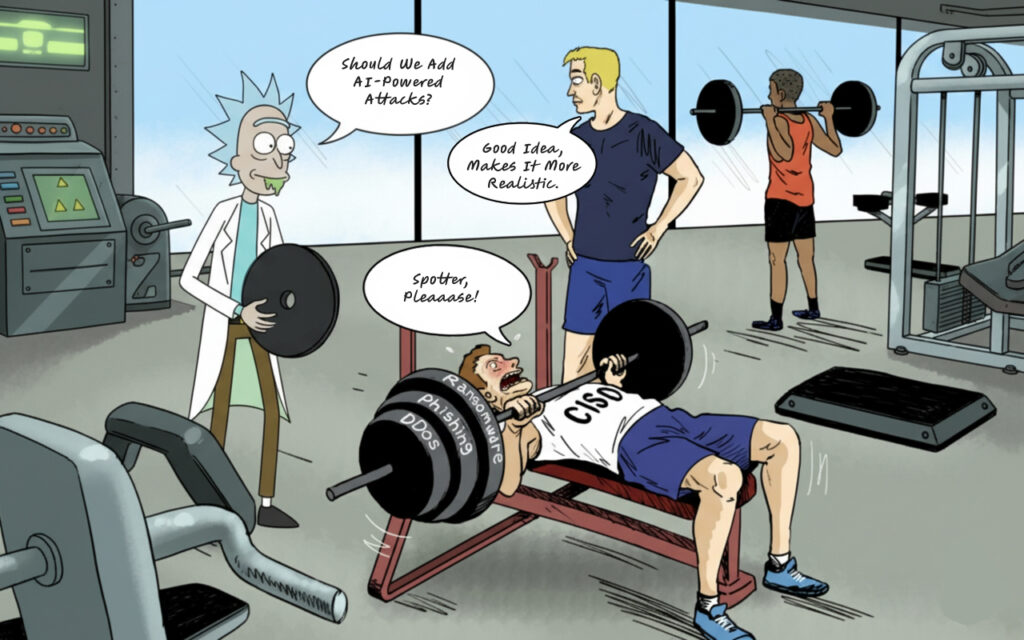 CISO crushed under a bench press labeled “Ransomware, Phishing, DDoS.”