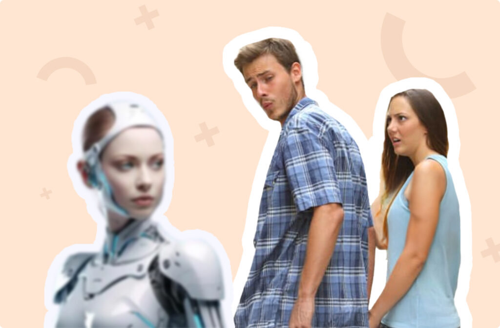 The guy forgetting about his girlfriend and looking at the AI-alike girlfriend
