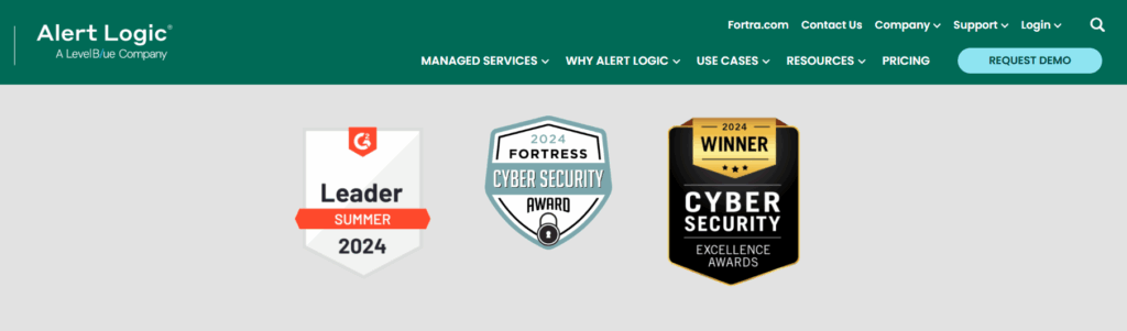 Alert Logic by LevelBlue with G2 Leader Summer 2024, Fortress Cyber Security Award, and Excellence Awards badges