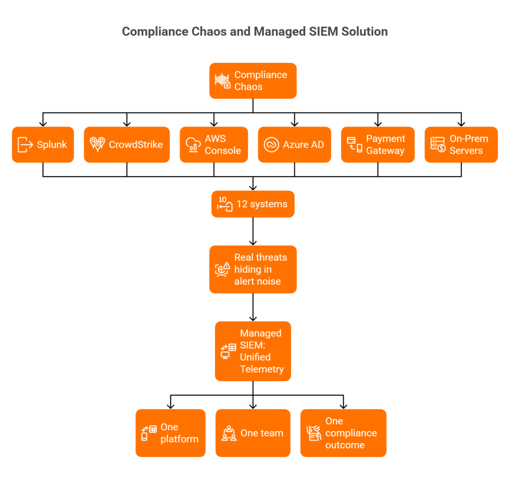 Mindmap showing fragmented financial security tools converging into unified managed SIEM platform