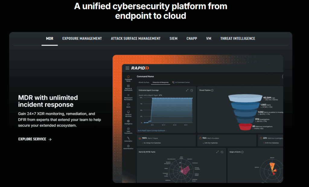 Rapid7 unified cybersecurity platform with MDR, SIEM, exposure management, and cloud-native threat detection