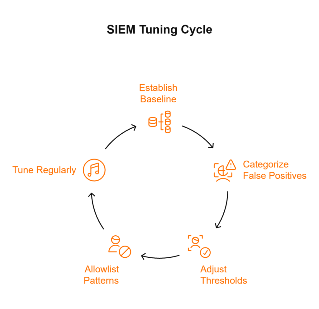 Five-step SIEM detection tuning cycle: establish baseline, categorize false positives, adjust thresholds, allowlist, tune regularly