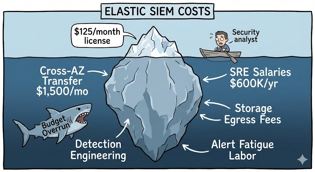 A cartoon iceberg with "Elastic SIEM Costs" labeled. Above water: small chunk labeled "$125/month license." Below water: massive underwater portion with labels pointing to different sections: "Cross-AZ Transfer $1,500/mo," "SRE Salaries $600K/yr," "Detection Engineering," "Storage Scaling," "Egress Fees," and "Alert Fatigue Labor." A tiny security analyst in a boat looks worried at the tip while a shark labeled "Budget Overrun" circles below.