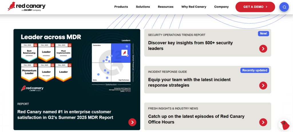 Red Canary G2 Fall 2025 MDR leader badges with enterprise grid report for managed detection and response
