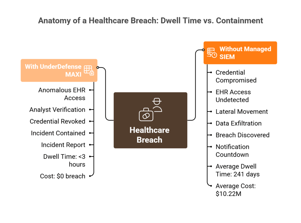 Timeline comparing 241-day healthcare breach dwell time without SIEM versus same-night containment with managed SIEM