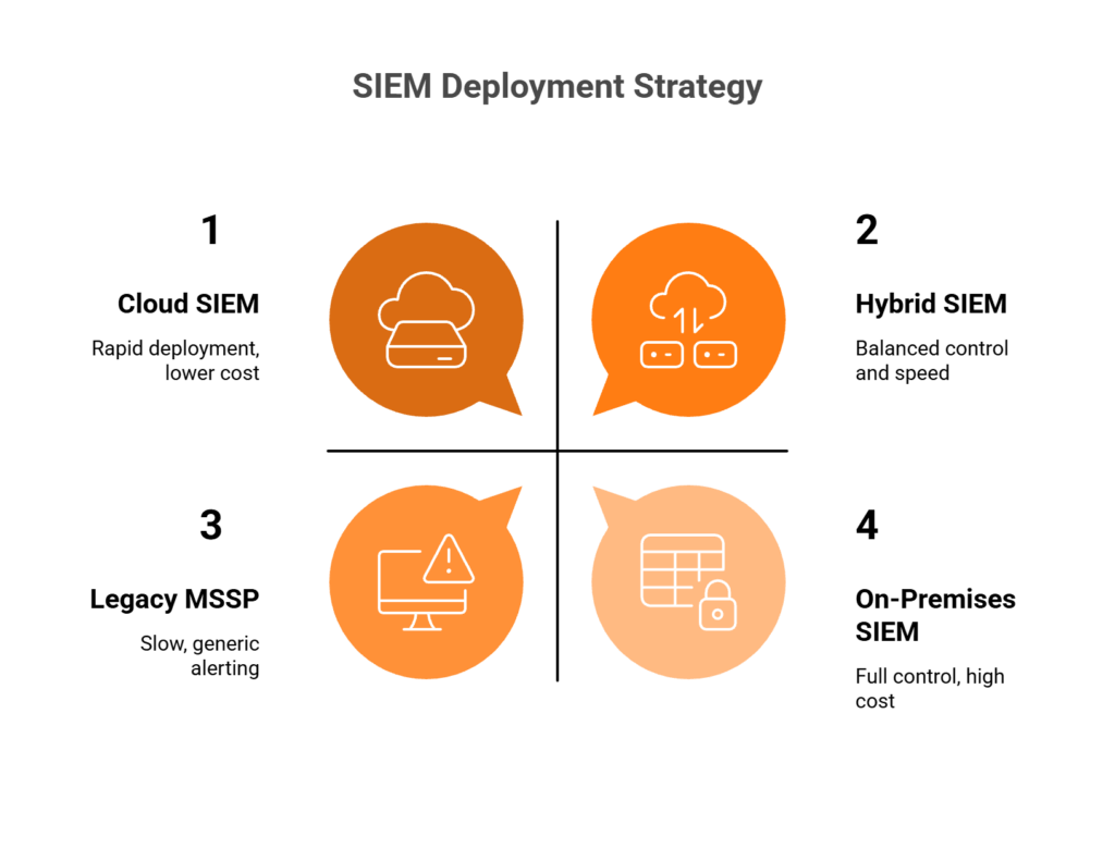 2x2 matrix comparing cloud, on-premises, and hybrid SIEM deployment for healthcare on speed and data control axes