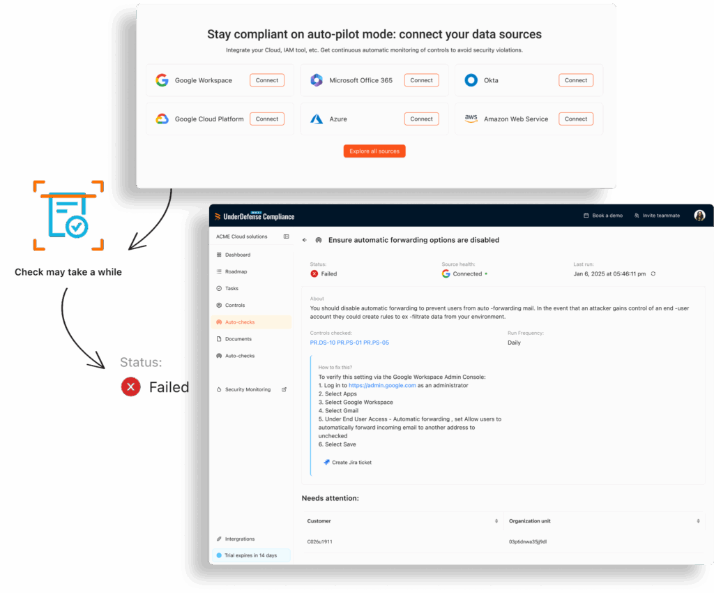 Screen with UnderDefense MAXI Compliance auto-checks feature
