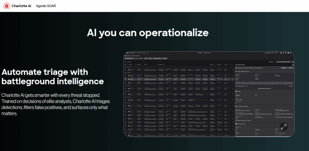 CrowdStrike Charlotte AI Detection Triage console with automated alert classification and investigation panel