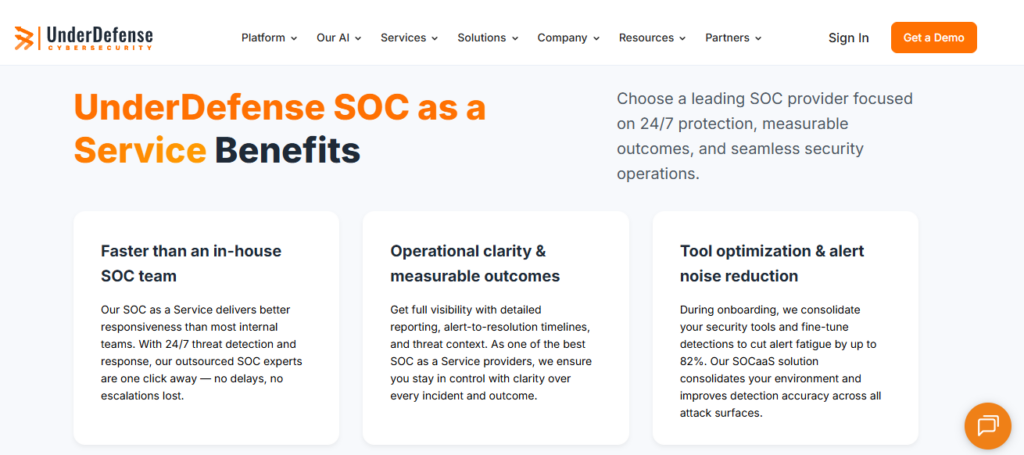 UnderDefense SOC as a Service benefits page showing 24/7 response ownership and alert noise reduction
