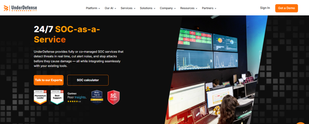 UnderDefense 24/7 SOC-as-a-Service page with SOC calculator link and Gartner Peer Insights 4.8 rating badge