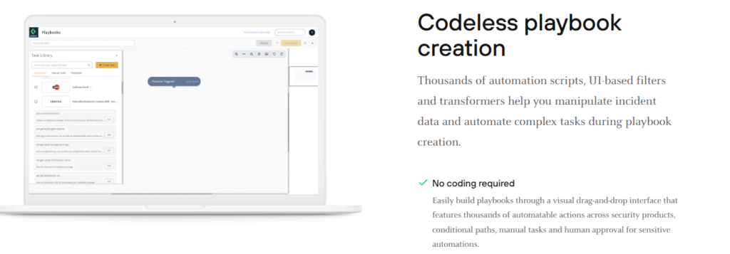 Palo Alto Cortex codeless playbook builder screen with drag-and-drop task library and human approval steps