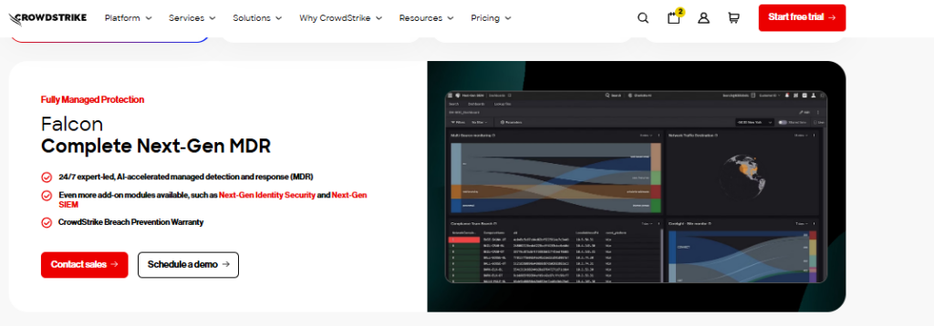CrowdStrike Falcon Complete Next-Gen MDR page listing 24/7 managed detection and breach prevention warranty
