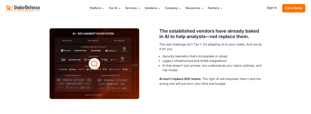UnderDefense MAXI page with AI SOC market ecosystem map and messaging on adapting AI to your existing stack