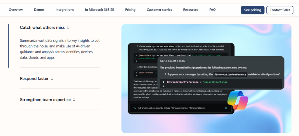Microsoft Security Copilot interface analyzing a malicious PowerShell script across identities, devices, and cloud apps