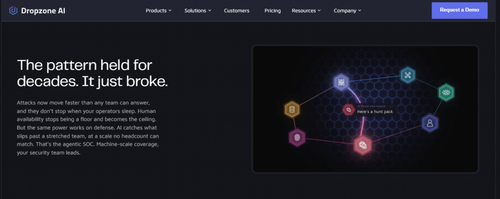 Dropzone AI agentic SOC page explaining why attacker speed now outpaces human analyst availability
