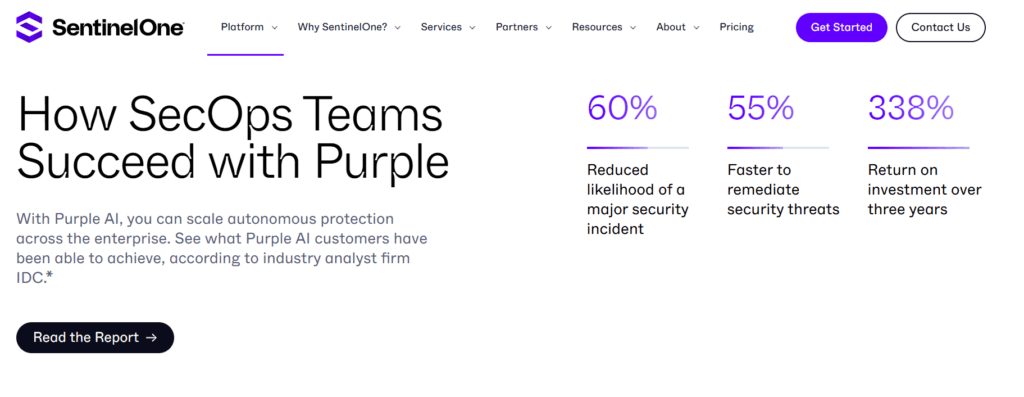SentinelOne Purple AI showing 60% reduced breach likelihood, 55% faster remediation, and 338% three-year ROI for SecOps teams