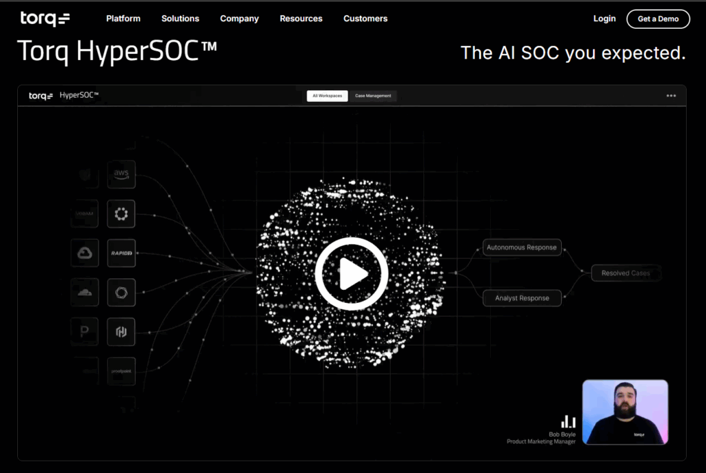 Torq HyperSOC AI SOC workflow processing alerts from security tools into autonomous and analyst response paths