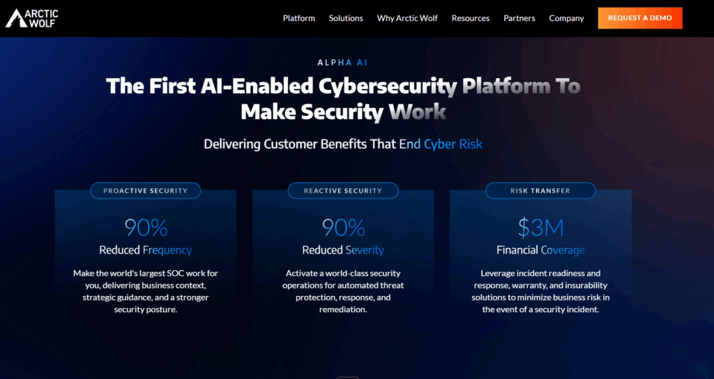 Arctic Wolf Alpha AI cybersecurity platform showing 90% reduced threat frequency, severity, and $3M financial coverage