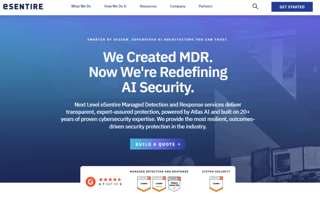 eSentire MDR platform powered by Atlas AI with G2 Leader badges and supervised AI architecture for threat response