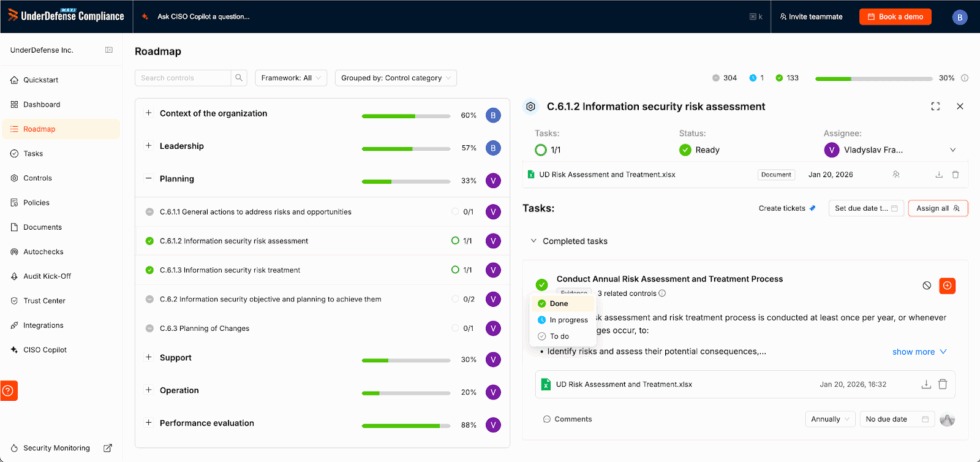 The UnderDefense MAXI Compliance Onboarding Screen