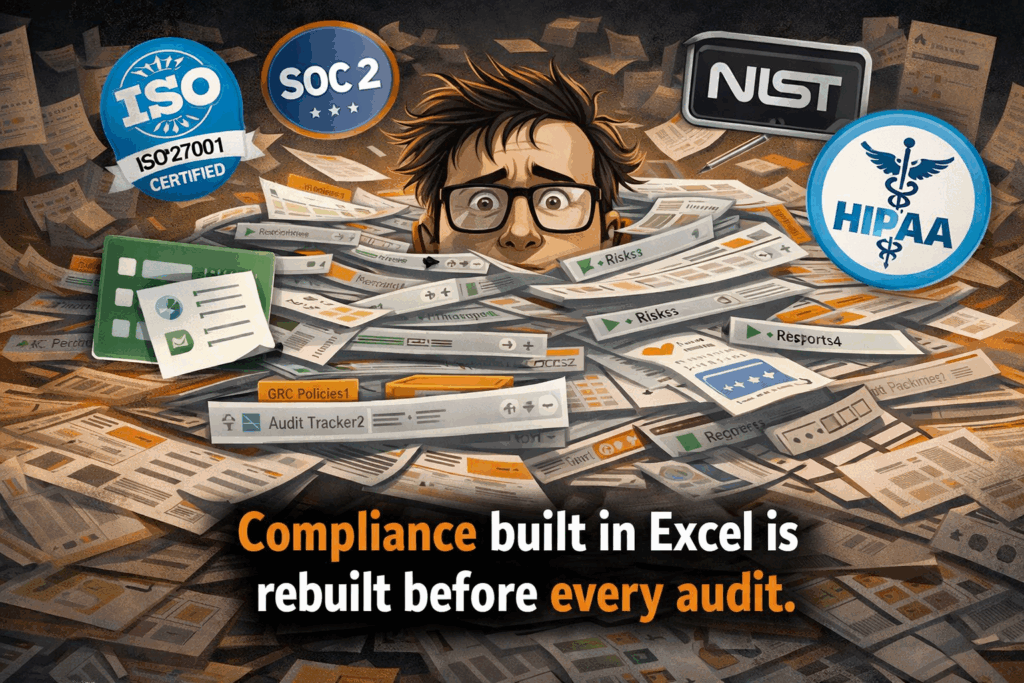A GRC analyst drowning in stacked spreadsheet tabs, surrounded by floating regulatory logos (ISO 27001, SOC 2, NIST, HIPAA). Caption: 'Compliance built in Excel is rebuilt before every audit.'