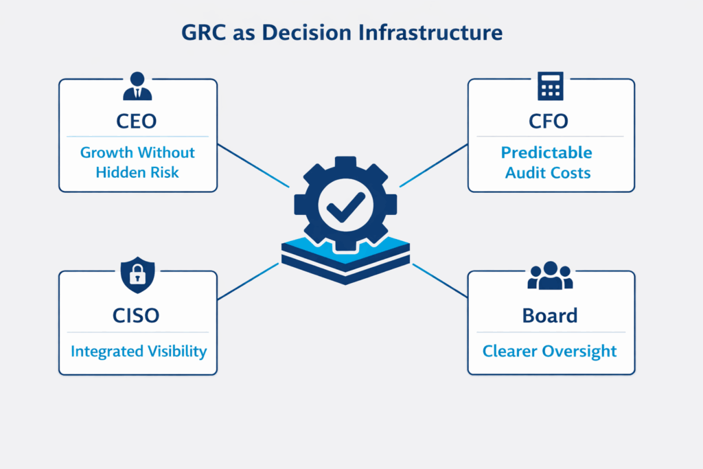 A clean, modern infographic titled “GRC as Decision Infrastructure.” In the center is a stylized gear icon representing the GRC platform. Radiating outward are four executive stakeholder cards – CEO (“Growth Without Hidden Risk”), CFO (“Predictable Audit Costs”), CISO (“Integrated Visibility”), and Board (“Clearer Oversight”) – each connected by a line to the center. The design is minimal, using navy, white, and electric blue on a light gray background. The overall impression is of alignment and flow, not bureaucracy.