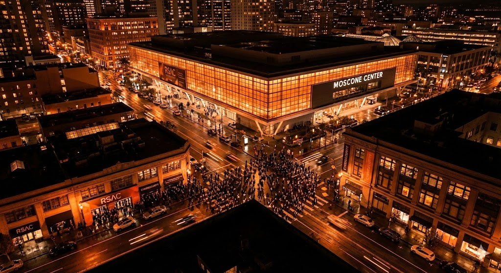 Night aerial view of San Francisco's SoMa district during RSAC week – clusters of people in business attire spilling out of venue entrances, streets lit by event signage, the Moscone Center glowing in the background. Warm and electric. Like the city has a pulse that week that it doesn't have any other time of year.