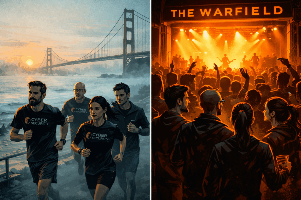 Split image: early morning Golden Gate Bridge run – cyber security professionals in company-branded running gear, fog still on the water, city barely awake. Then, same day, 11 PM at The Warfield – crowd packed in, stage lights blazing, energy completely different from the morning. Same people. Different world.