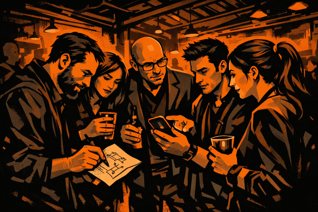 A small group of 5-6 people, drinks in hand, standing in a loose circle at what looks like a converted warehouse venue. One person is sketching something on a napkin. Another is showing something on their phone. They look like they're actually solving a problem, not networking. That's the RSAC energy that matters.
