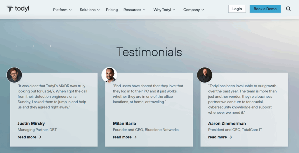 Todyl MXDR testimonials from MSP partners praising 24/7 SOC monitoring and cybersecurity support for SMBs
