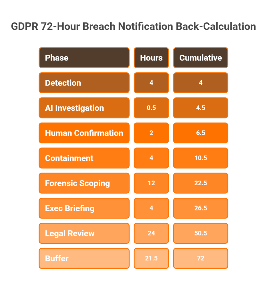 Stacked bar showing GDPR 72-hour breach notification back-calculated into SOC SLA phases