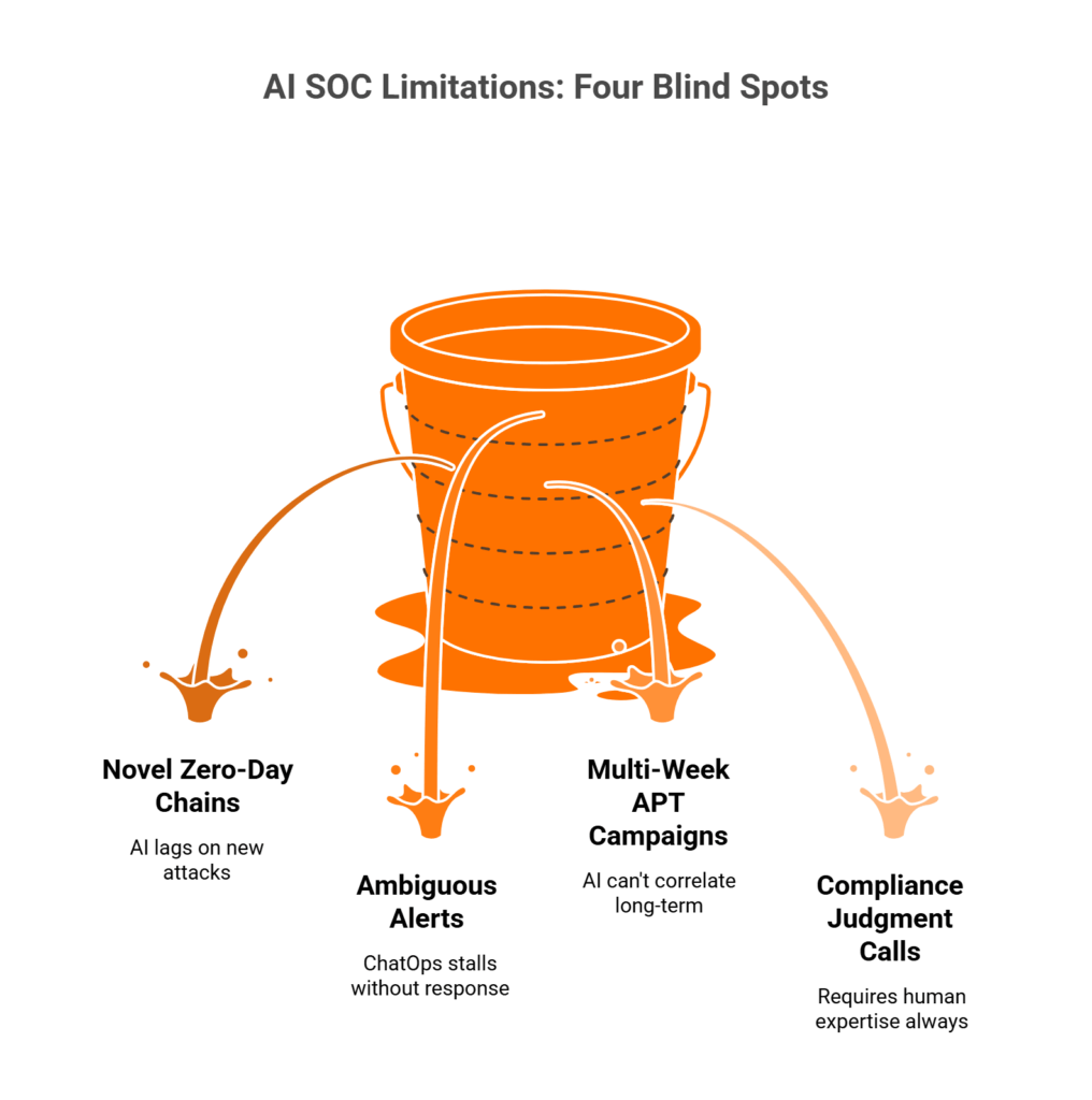 Four-quadrant grid showing AI SOC blind spots in zero-days, ambiguous alerts, APT campaigns, and compliance