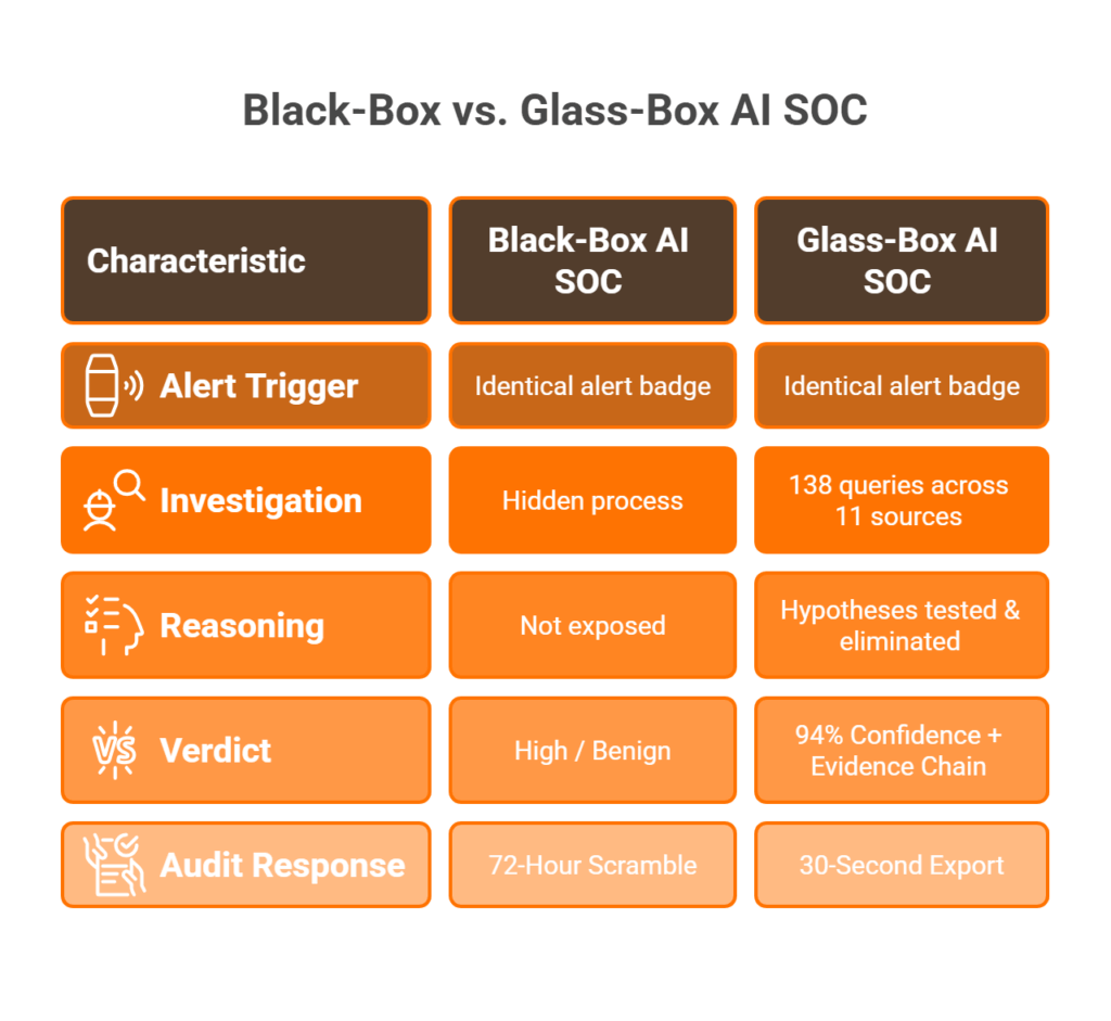 Side-by-side comparison of black-box versus glass-box AI SOC investigation showing five stages from alert to audit.