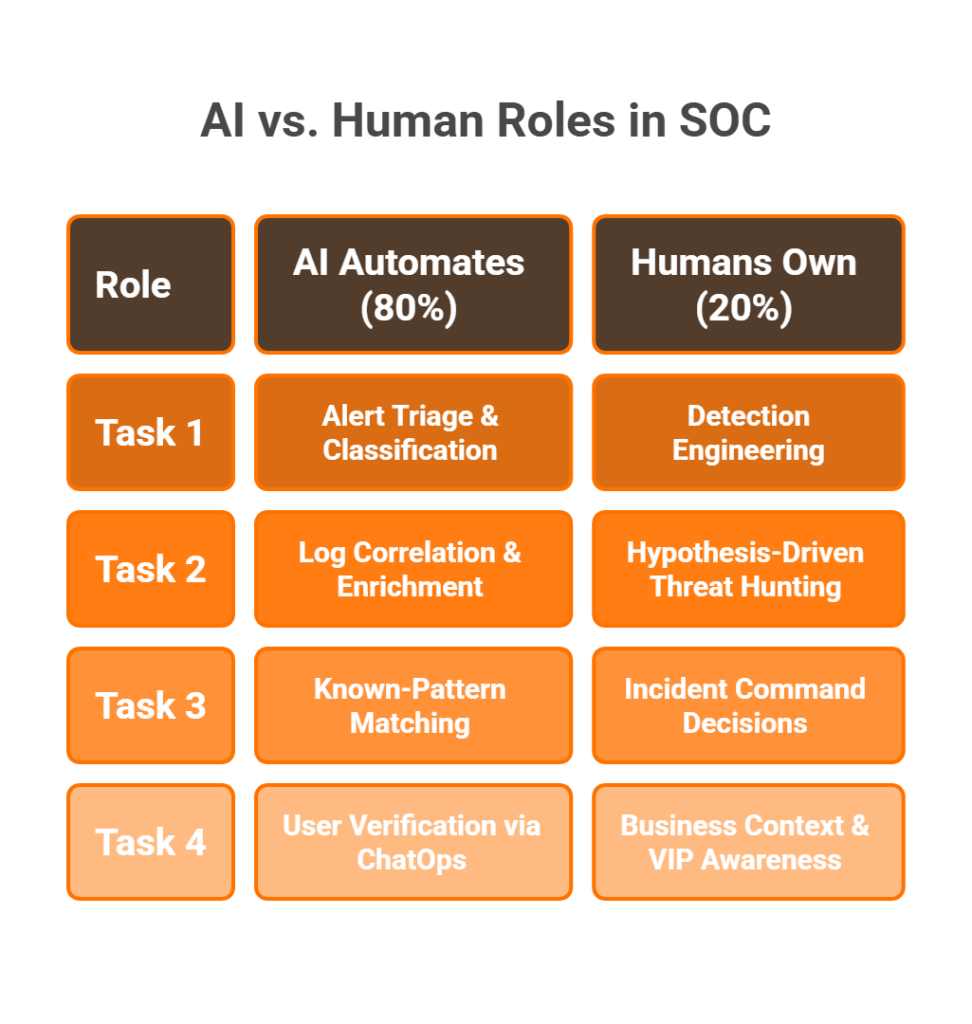 Proportional diagram showing 80% of SOC work automated by AI and 20% owned by human analysts in strategic roles