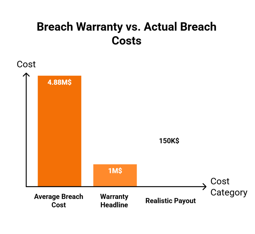 Bar chart comparing $4.88M average breach cost to $1M warranty headline and $50K–$200K realistic payout