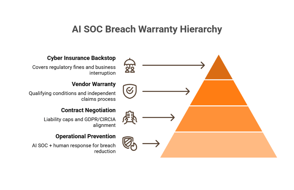 Four-layer stacked framework showing operational prevention, contract negotiation, vendor warranty, and cyber insurance