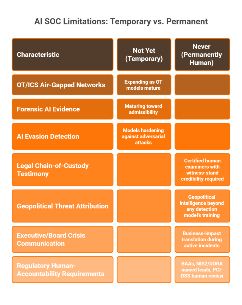 Framework dividing AI SOC limitations into temporary technical gaps and permanently human-dependent tasks