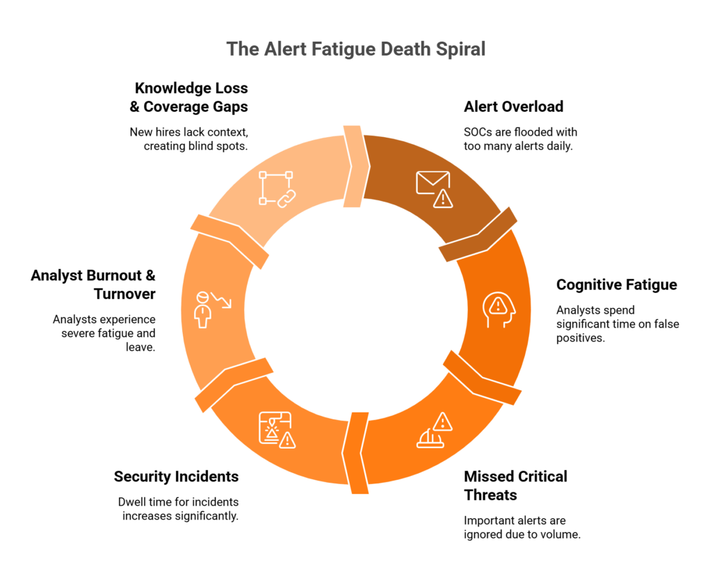 Circular six-node diagram showing the self-reinforcing SOC burnout cycle from alert overload to knowledge loss