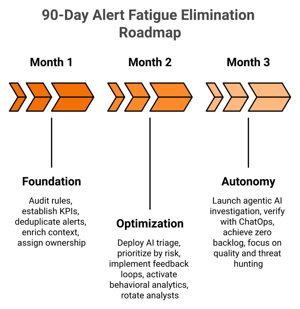 Three-phase 90-day roadmap: Foundation, Optimization, Autonomy for alert fatigue elimination