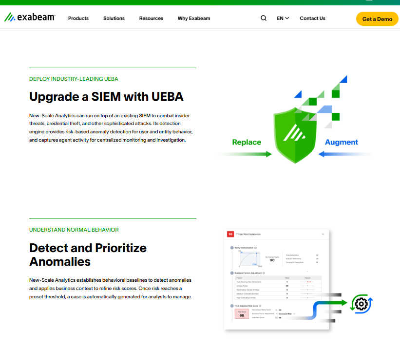 Exabeam New-Scale Analytics UEBA upgrade for SIEM detecting insider threats, credential theft, and anomaly prioritization