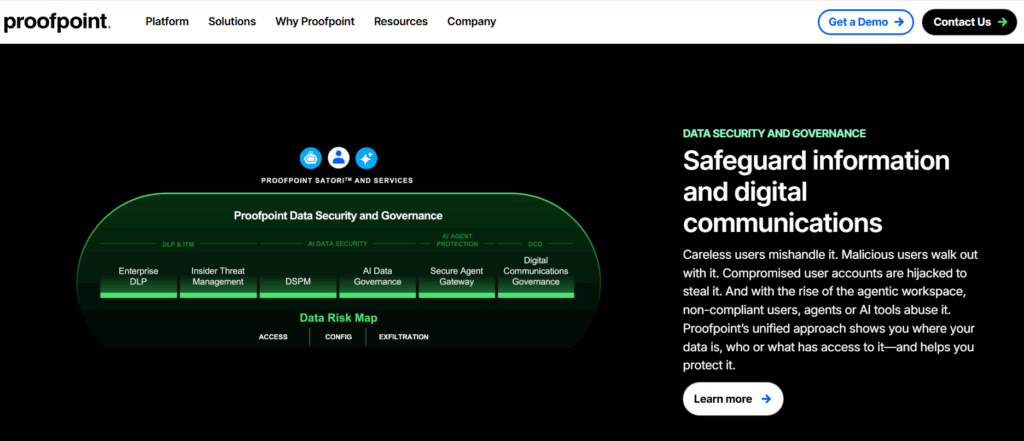 Proofpoint Data Security and Governance platform covering Enterprise DLP, Insider Threat Management, DSPM and AI Data Governance