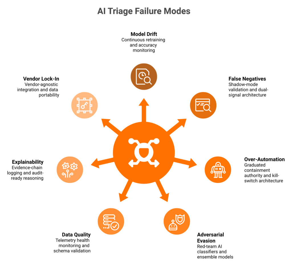 Radial diagram of 7 AI triage failure modes with mitigation strategies