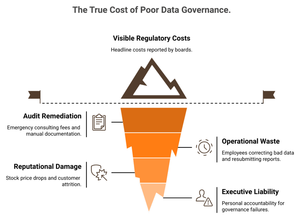 Iceberg diagram showing visible regulatory fines above waterline and hidden governance costs below