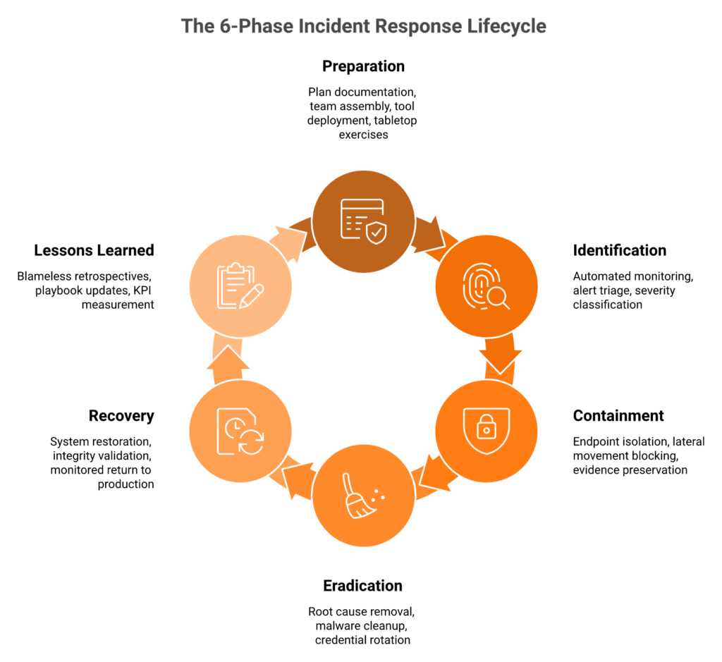 Circular diagram of 6 incident response phases mapped to NIST CSF 2.0 functions in a continuous loop