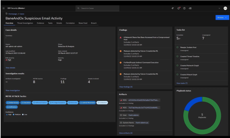 IBM QRadar SOAR case overview with MITRE ATT&CK tactics, findings, artifacts, and playbook status