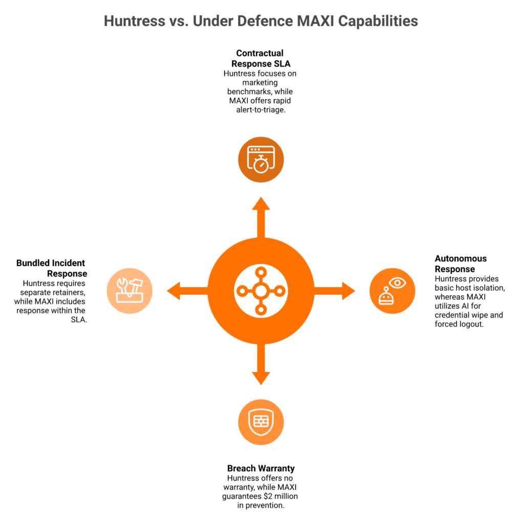 Radial diagram contrasting Huntress and Under Defence MAXI on SLA, autonomous response, warranty, and IR.