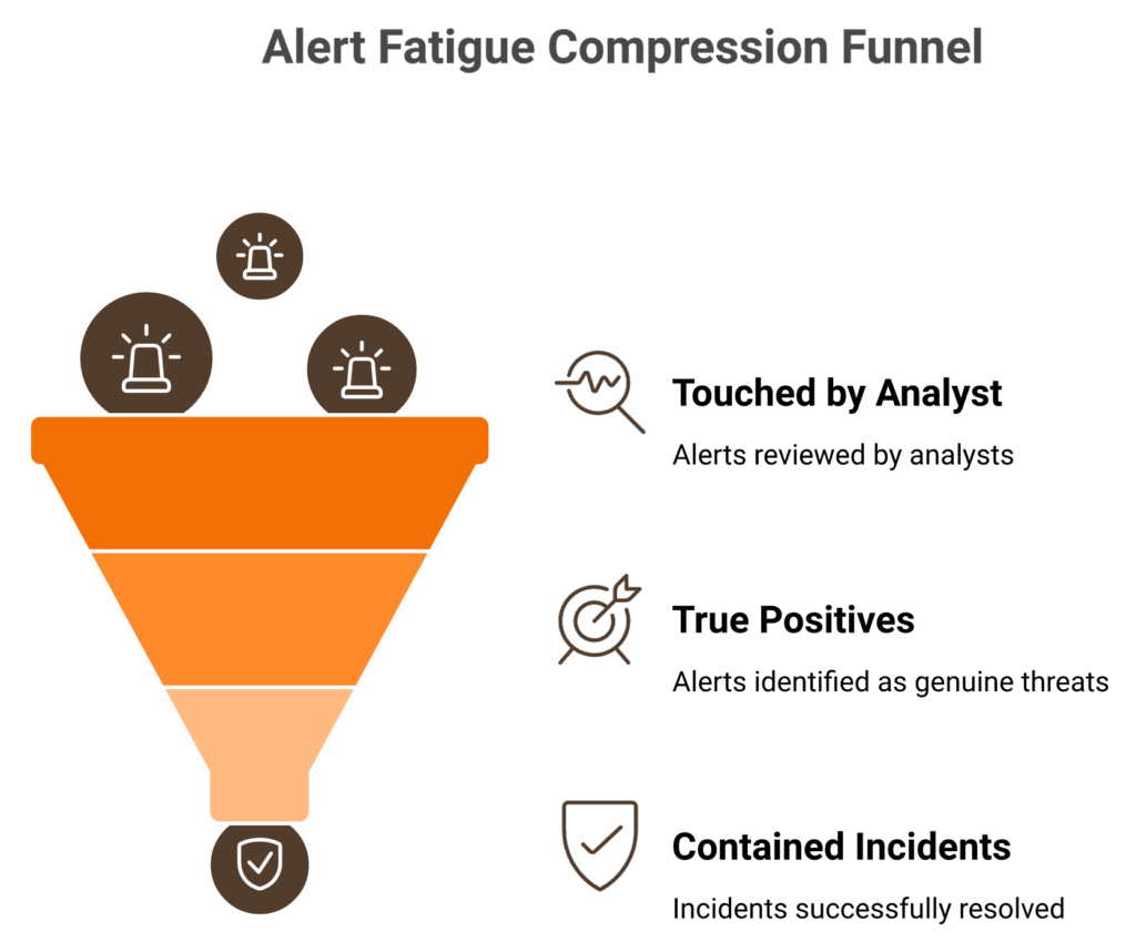 Funnel showing 2,992 daily alerts compressed to handful of contained incidents